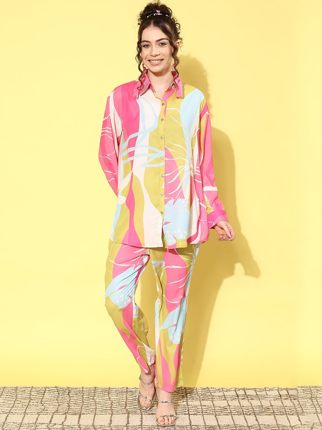 

Anouk Pink Abstract Printed Embroidered Detail Shirt With Trousers