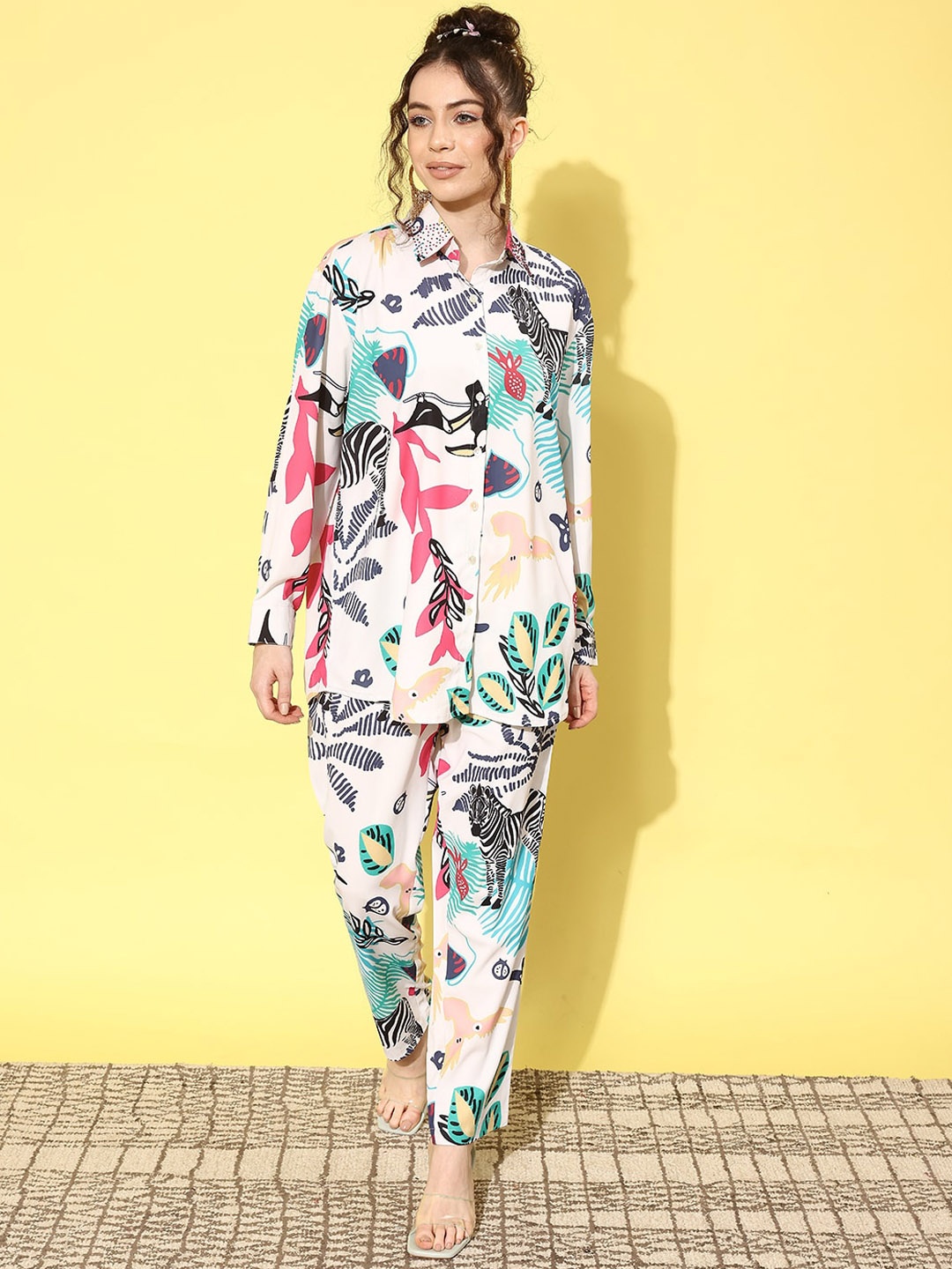 

Anouk Printed Shirt Collar Top & Flared Trouser Co-Ords, Cream