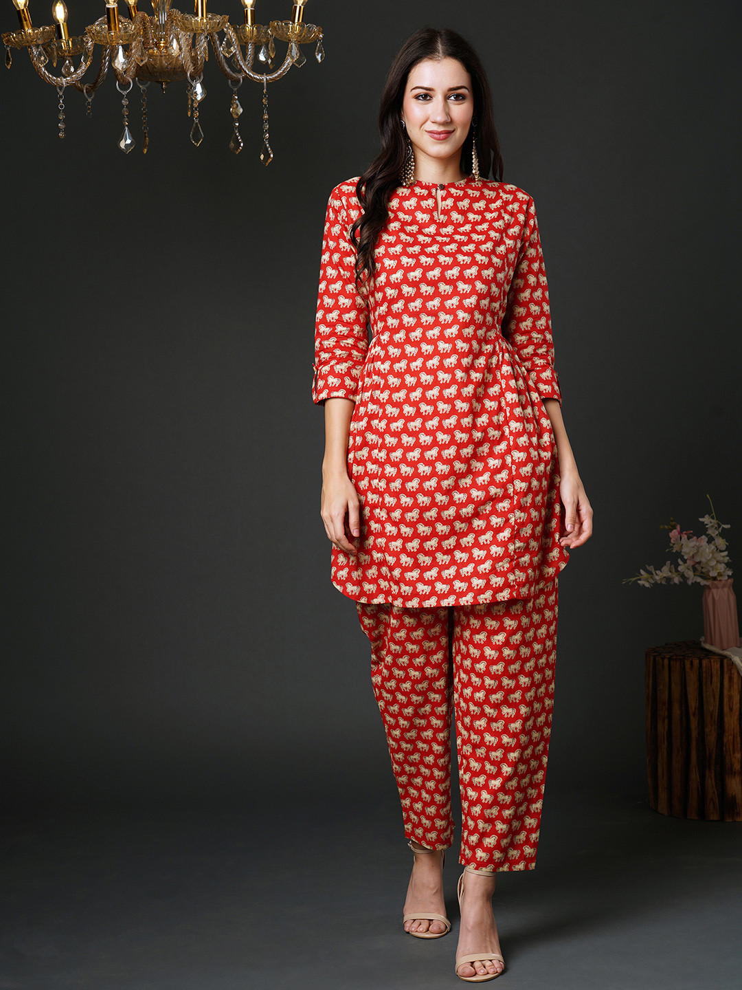 

Anouk Red Printed Pure Cotton Tunic With Trousers Co-Ords