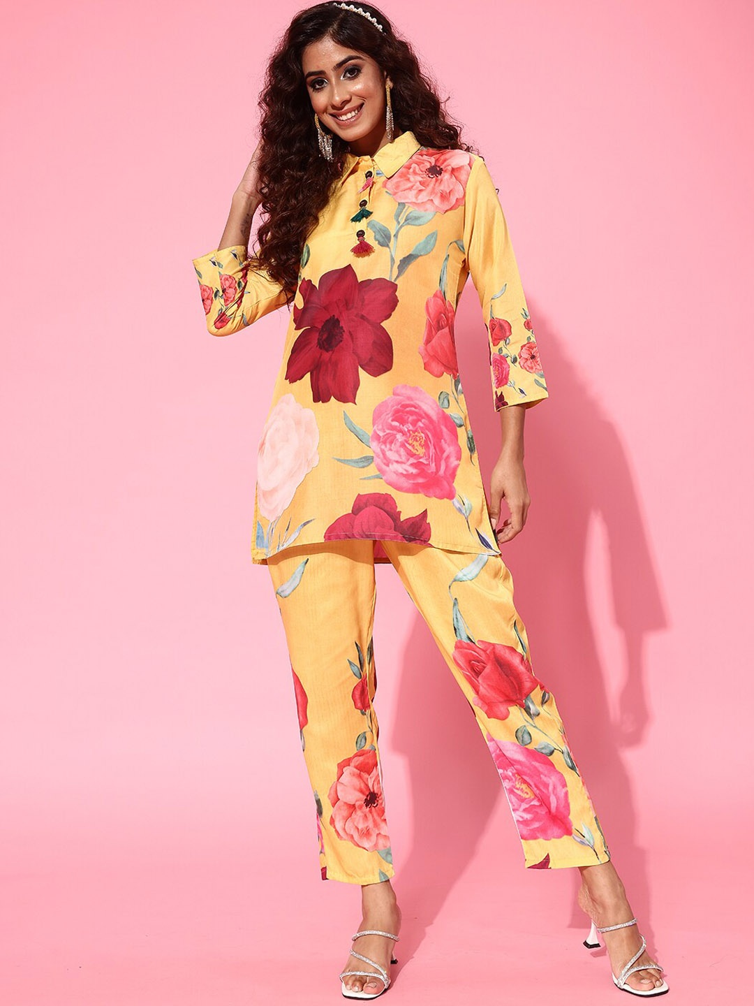 

Anouk Yellow Floral Printed Longline Top With Trousers
