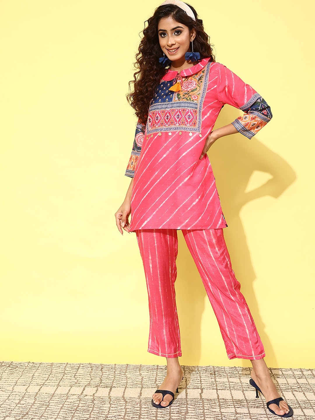 

Anouk Pink Striped Embroidered Shirt Collar Straight Kurta With Pant