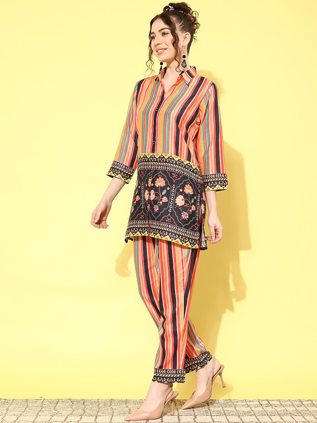 

Anouk Orange Striped Shirt Collar Tunic & Trousers