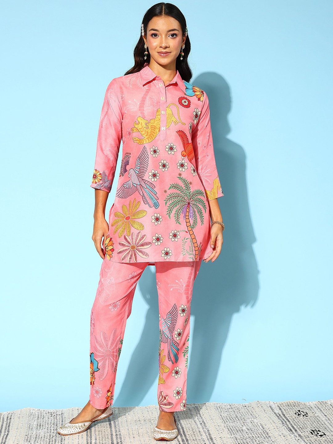 

Anouk Peach-Coloured Floral Printed Longline Top With Trousers