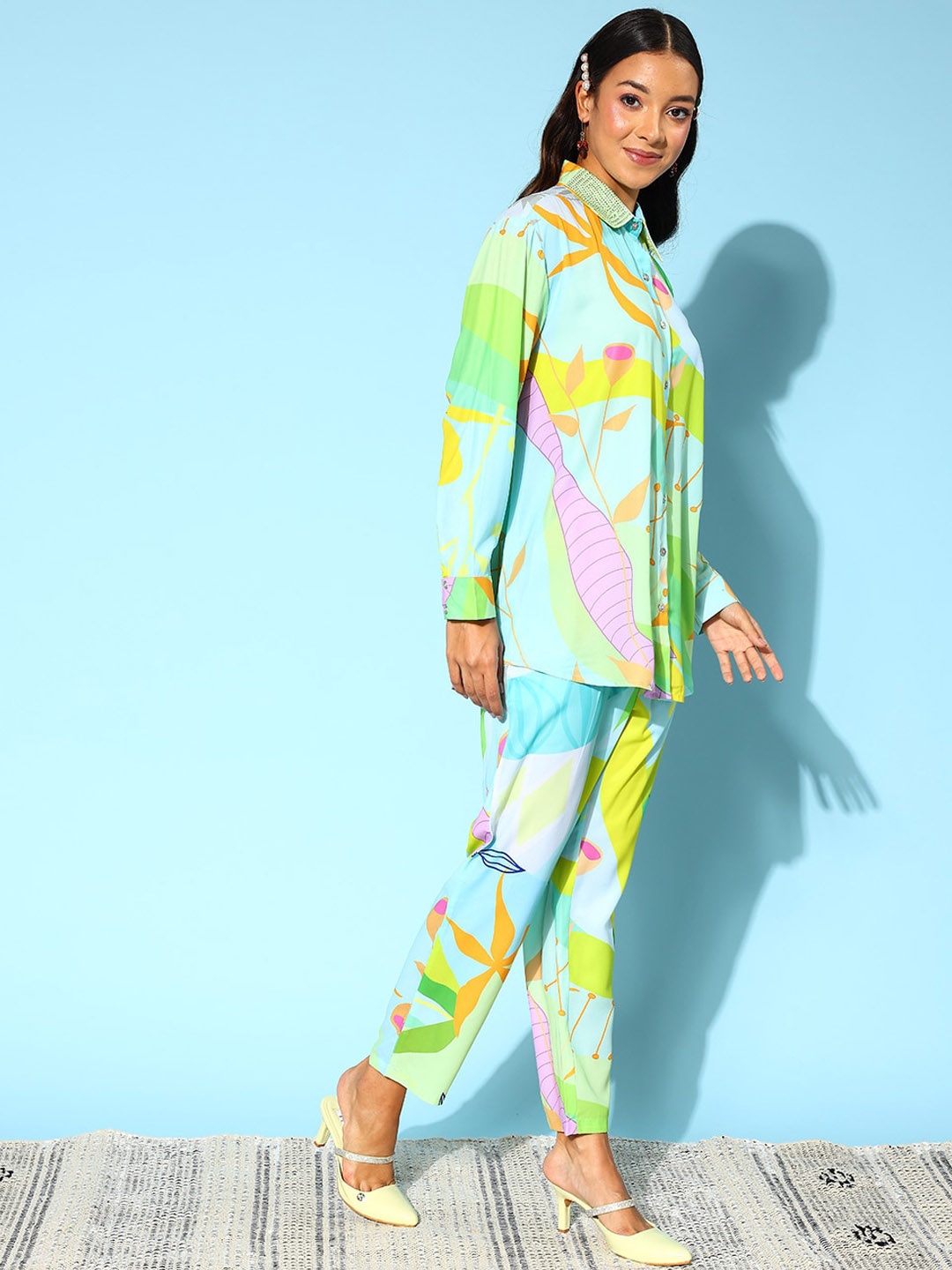 

Anouk Lime Green & Blue Abstract Printed Embroidered Detail Shirt With Trousers