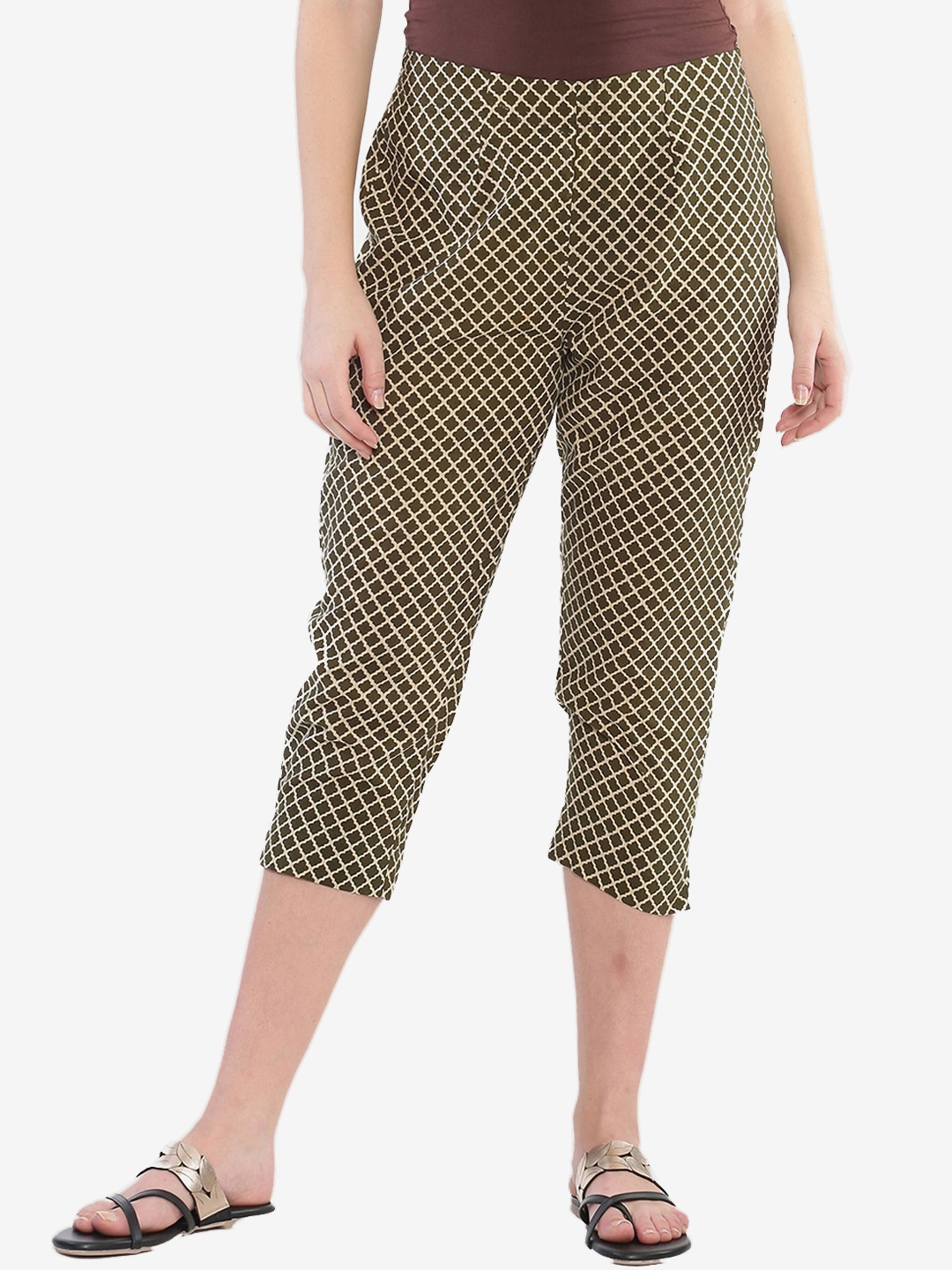 

Weaves of Tradition Women Hand Block Printed Cotton High-Rise Cigarette Trousers, Khaki