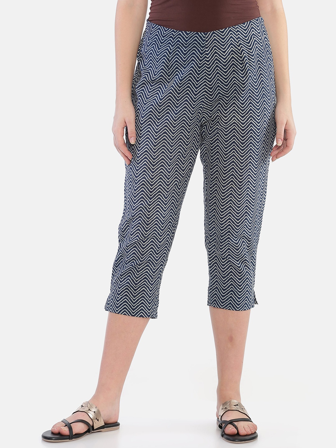 

Weaves of Tradition Women Hand Block Printed Cotton High-Rise Cigarette Trousers, Blue