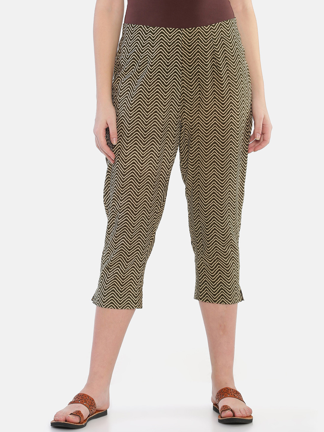 

Weaves of Tradition Women Hand Block Printed Cotton High-Rise Cigarette Trousers, Khaki