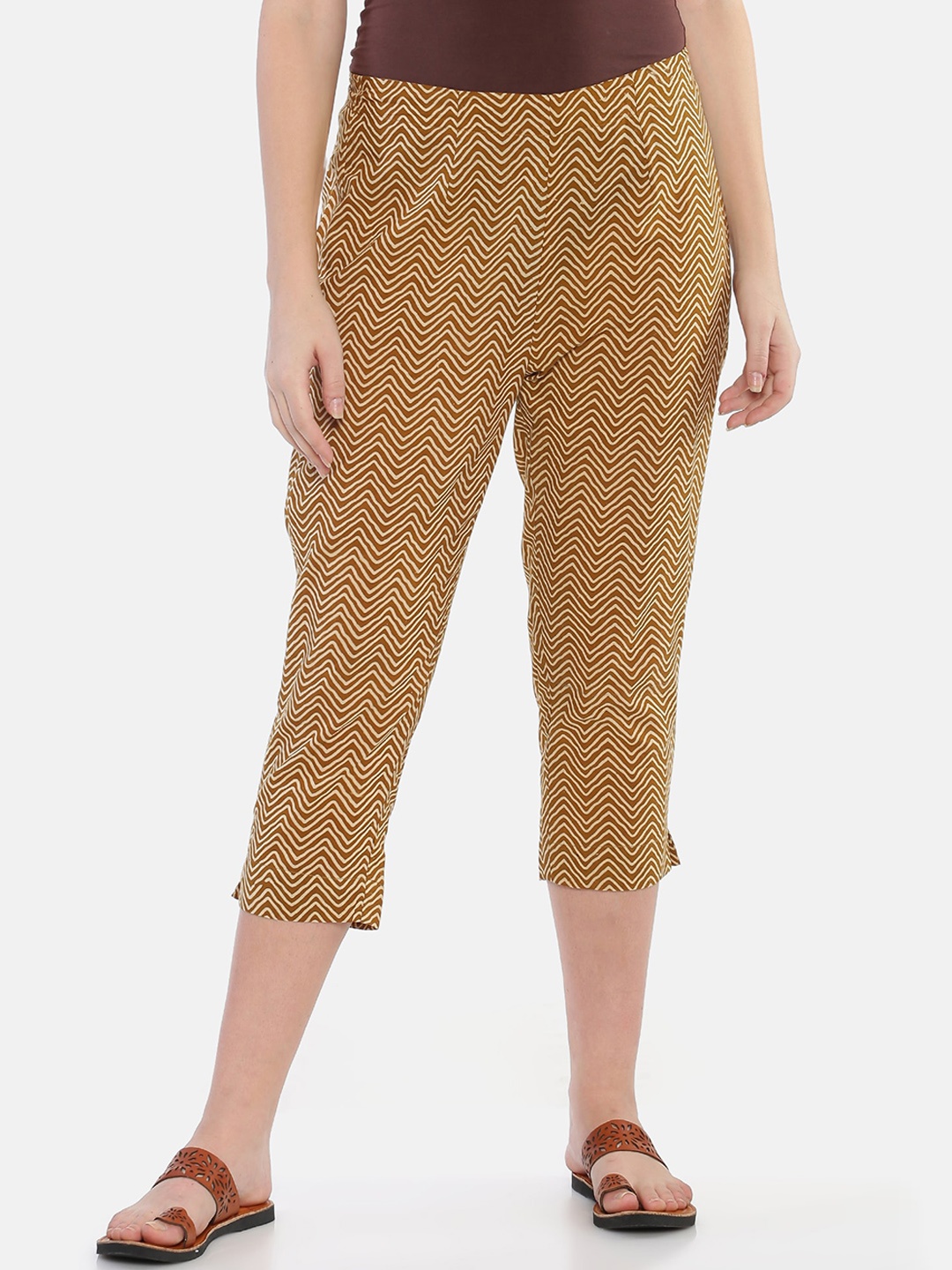 

Weaves of Tradition Women Hand Block Printed Cotton High-Rise Cigarette Trousers, Mustard