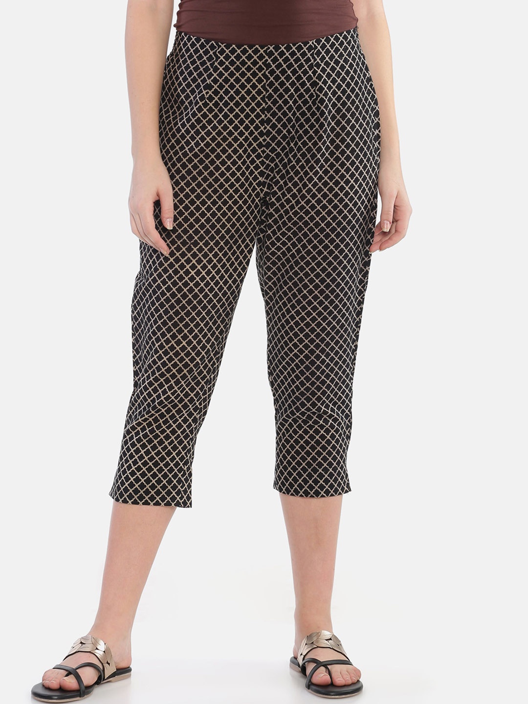

Weaves of Tradition Women Hand Block Printed Cotton High-Rise Cigarette Trousers, Black