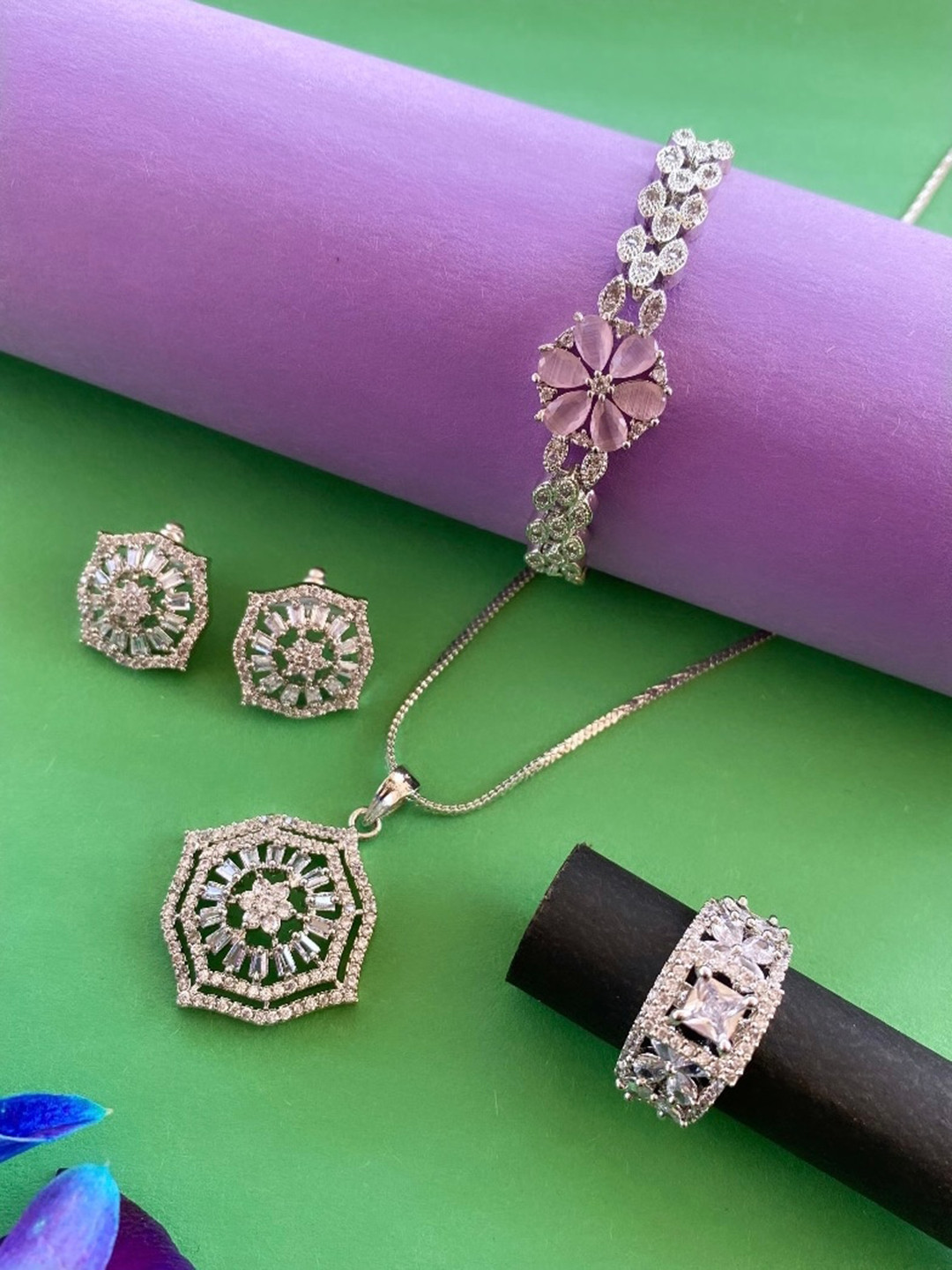 

ATIBELLE Silver-Plated Cubic Zirconia Stone Studded Jewellery Set