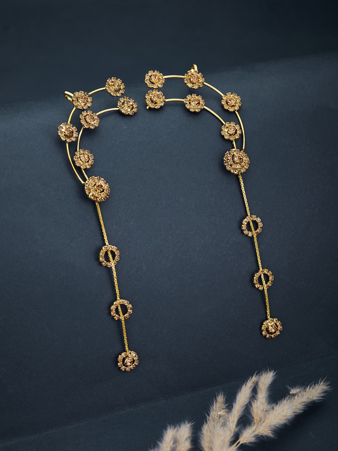 

ATIBELLE Copper-Plated Stone Studded Floral Drop Earrings