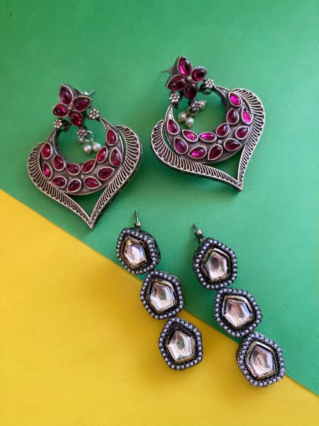 

ATIBELLE Set of 2 Silver-Plated Kundan-Studded Brass Contemporary Drop Earrings