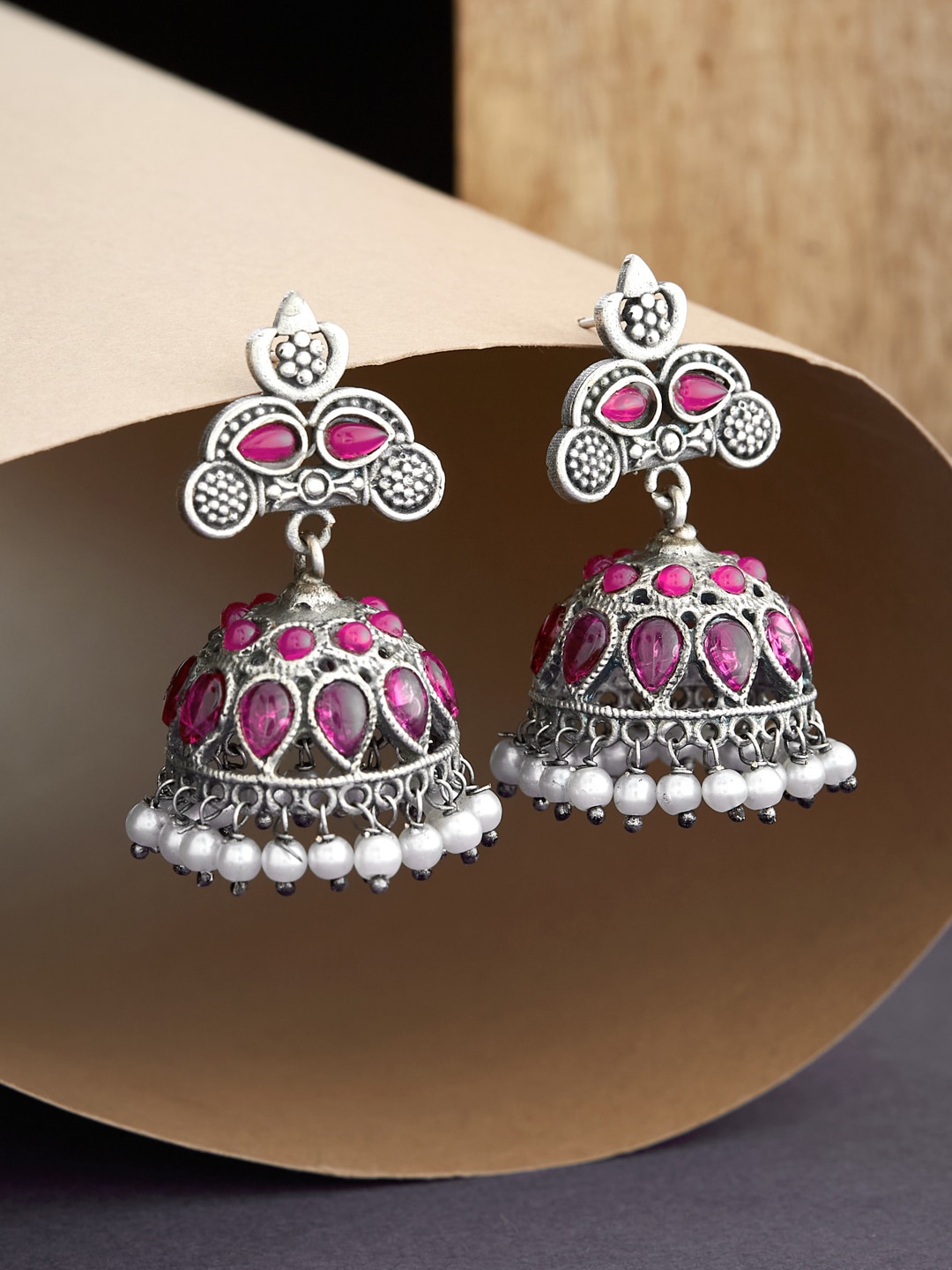 

ATIBELLE Silver-Plated Stone-Studded & Beaded Oxidised Contemporary Jhumkas