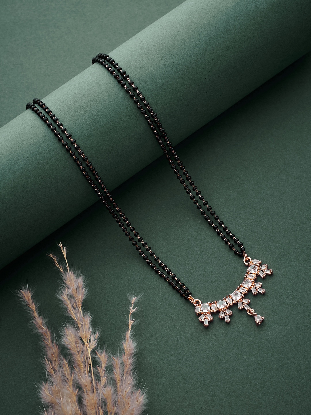 

ATIBELLE Rose Gold-Plated Cubic Zirconia Stones Studded and Beads Mangalsutra