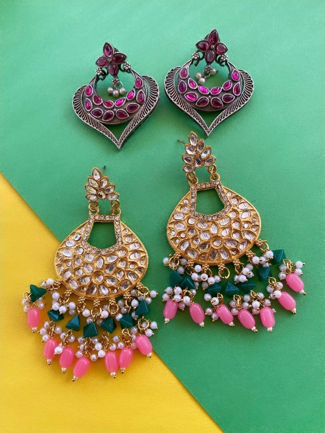 

ATIBELLE Set of 2 Gold-Silver Plated Kundan-Studded Brass Contemporary Chandbalis