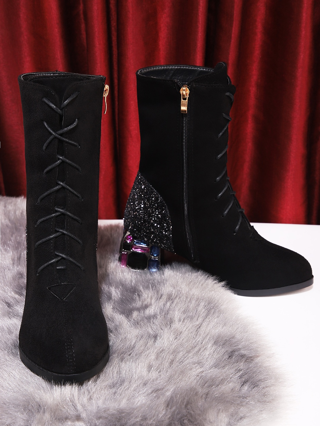 

LULU & SKY Women Embellished Round Toe Blocked-Heeled Suede Chelsea Boots, Black