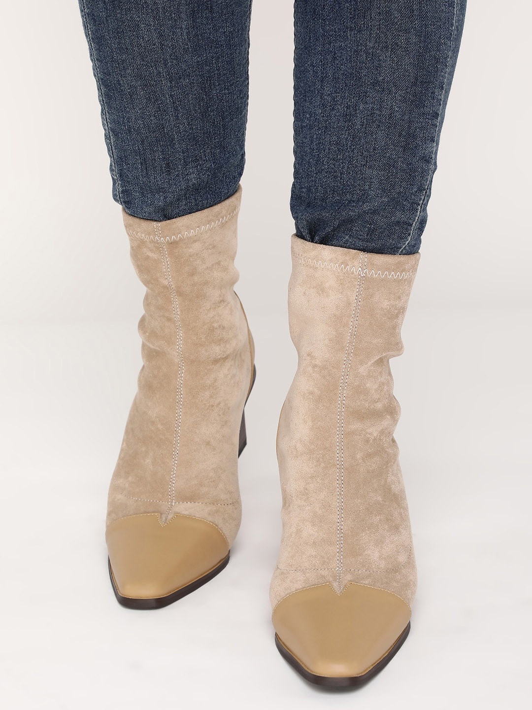 

LULU & SKY Women High Top Suede Block Heeled Boots, Beige