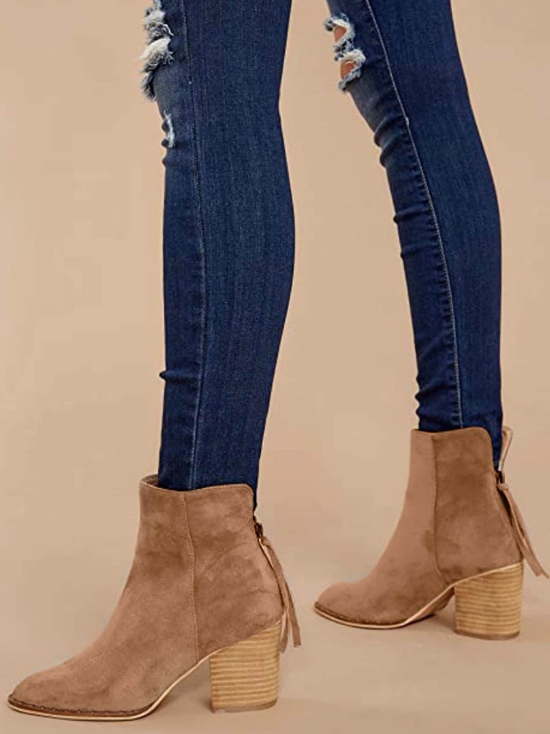 

LULU & SKY Women Round Toe Block Heeled Suede Ankle Boots, Brown
