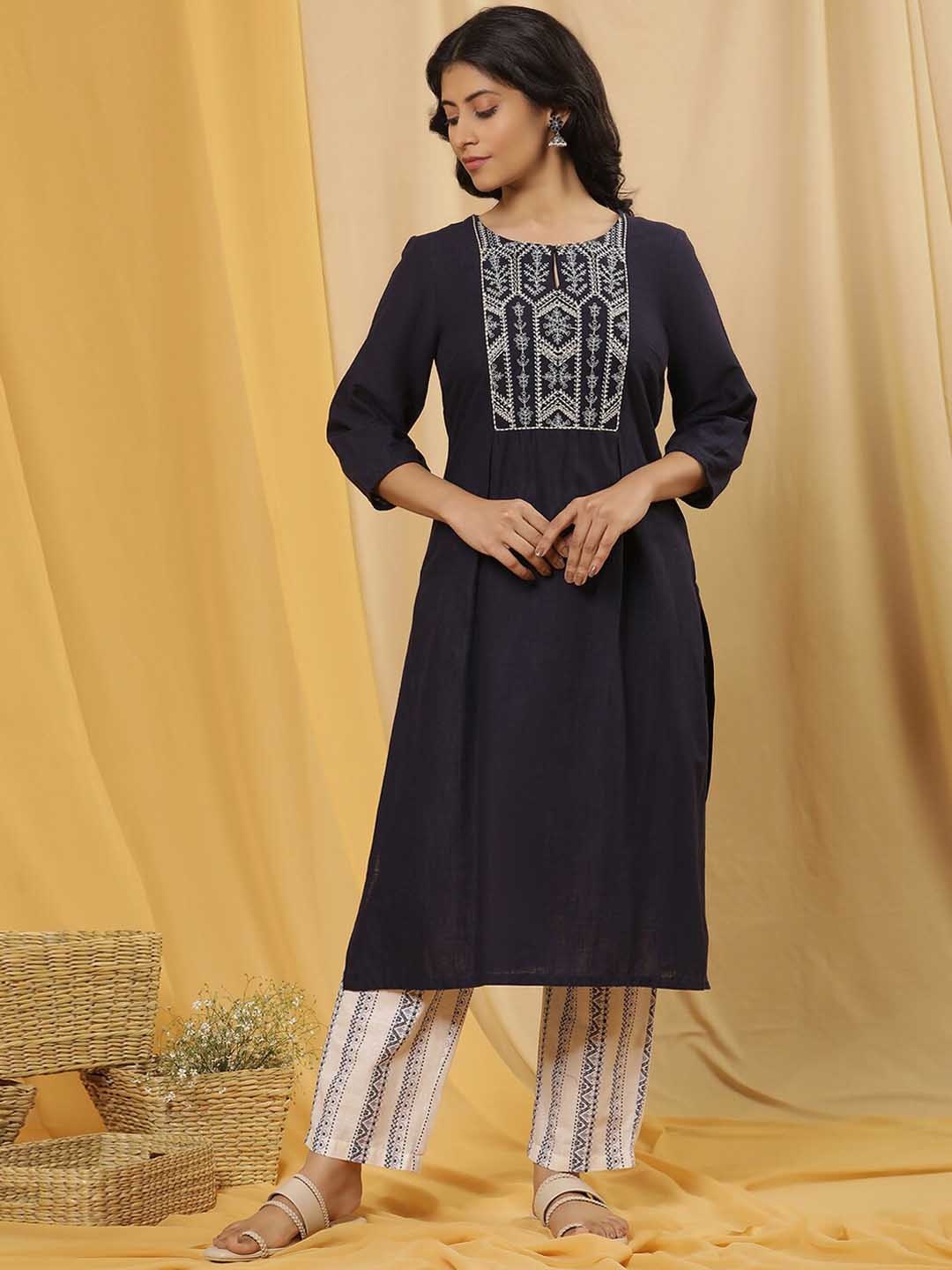 

W Women Ethnic Motifs Embroidered Regular Thread Work Pure Cotton Kurta with Trousers, Blue