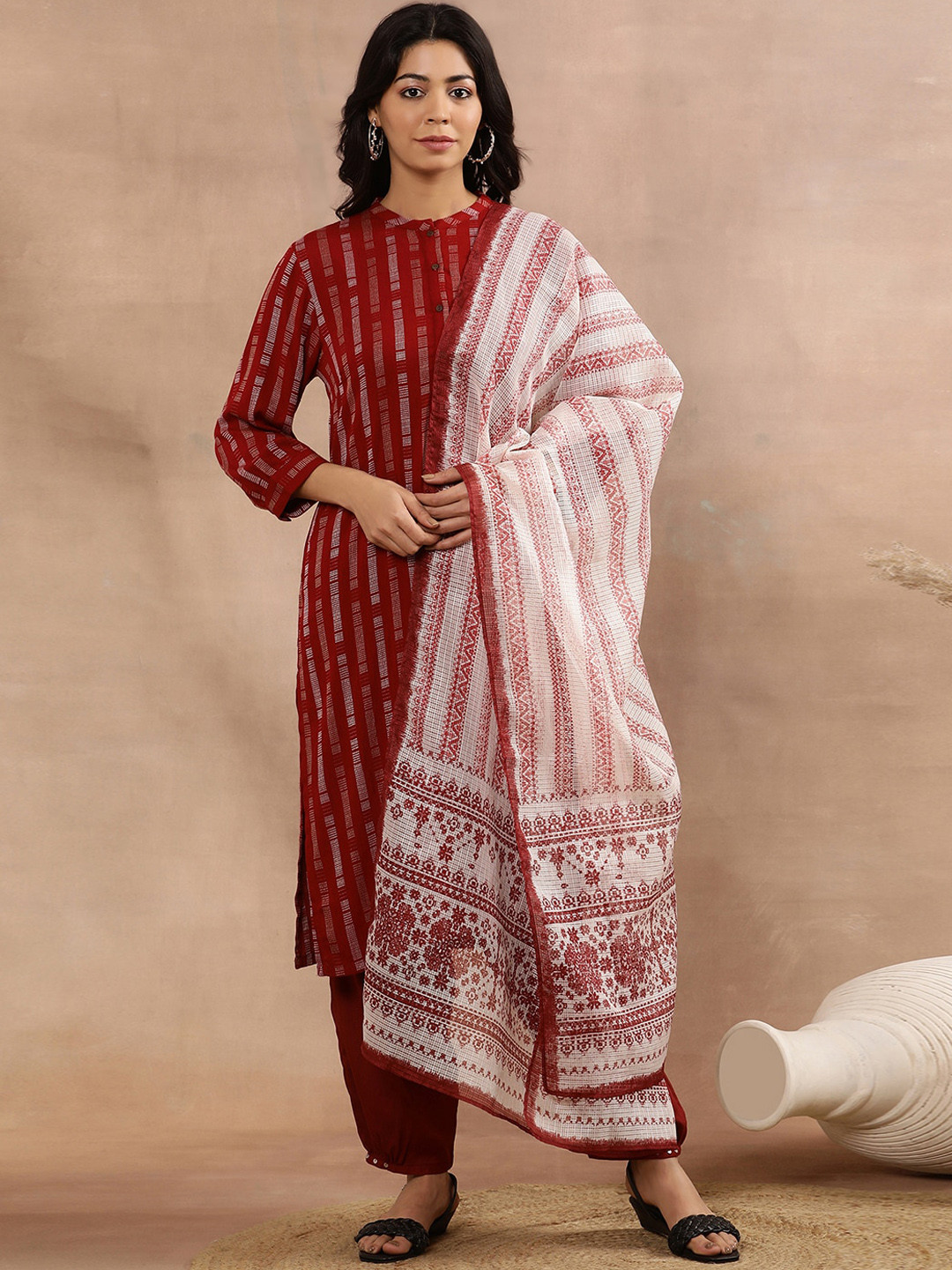 

W Printed Mandarin Collar Straight Kurta with Salwar & Dupatta, Red