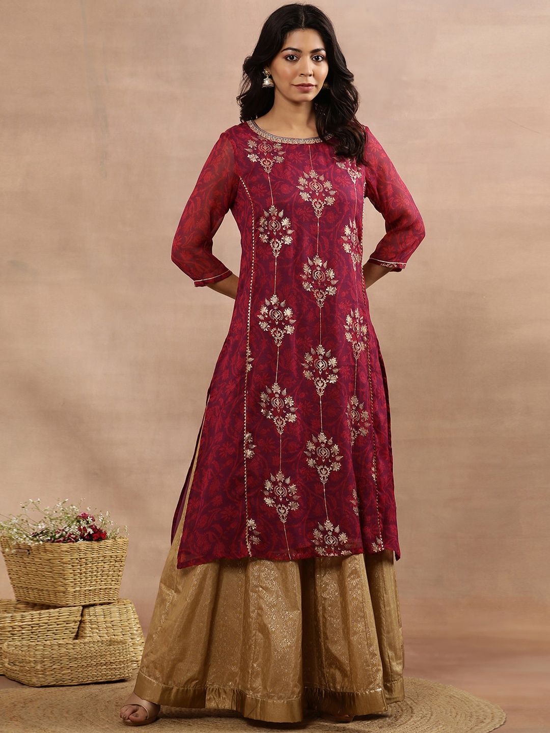 

W Ethnic Motifs Printed Regular Kurta with Skirt, Purple