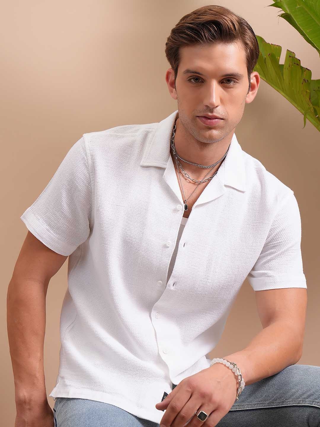 

Locomotive Textured Cuban Collar Cotton Relaxed Shirt, White