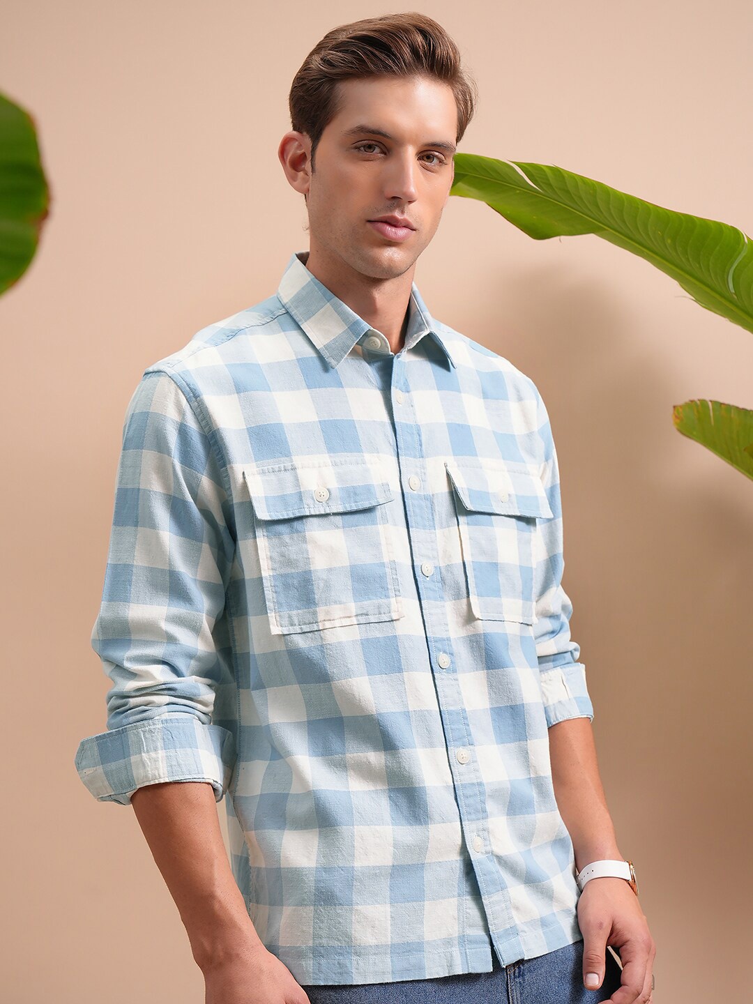 

LOCOMOTIVE Popcorn Jacquard Cuban Collar Oversized Cotton Shirt, Blue