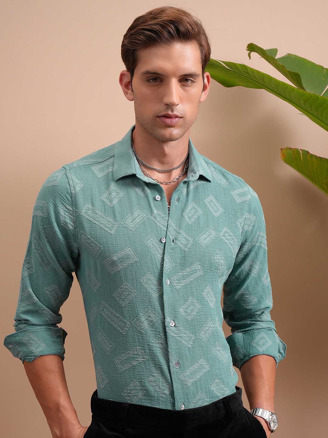 

LOCOMOTIVE Slim Fit Popcorn Textured Cuban Collar Relaxed Shirt, Sea green