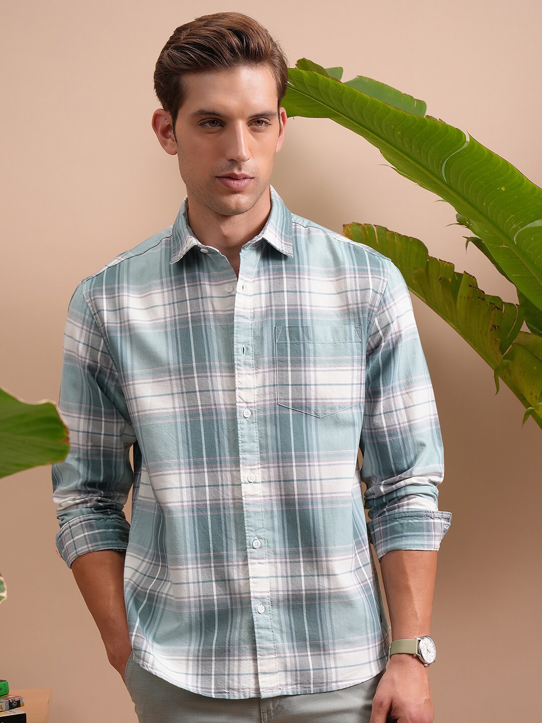 

LOCOMOTIVE Checked Cotton Casual Shirt, Teal