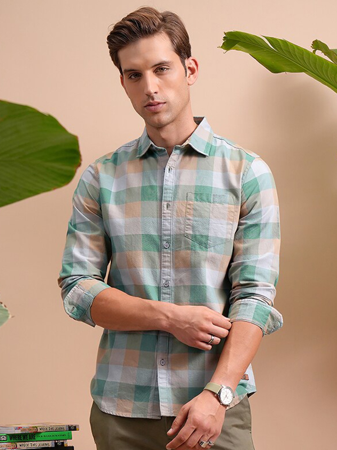 

LOCOMOTIVE Checked Cotton Casual Shirt, Green