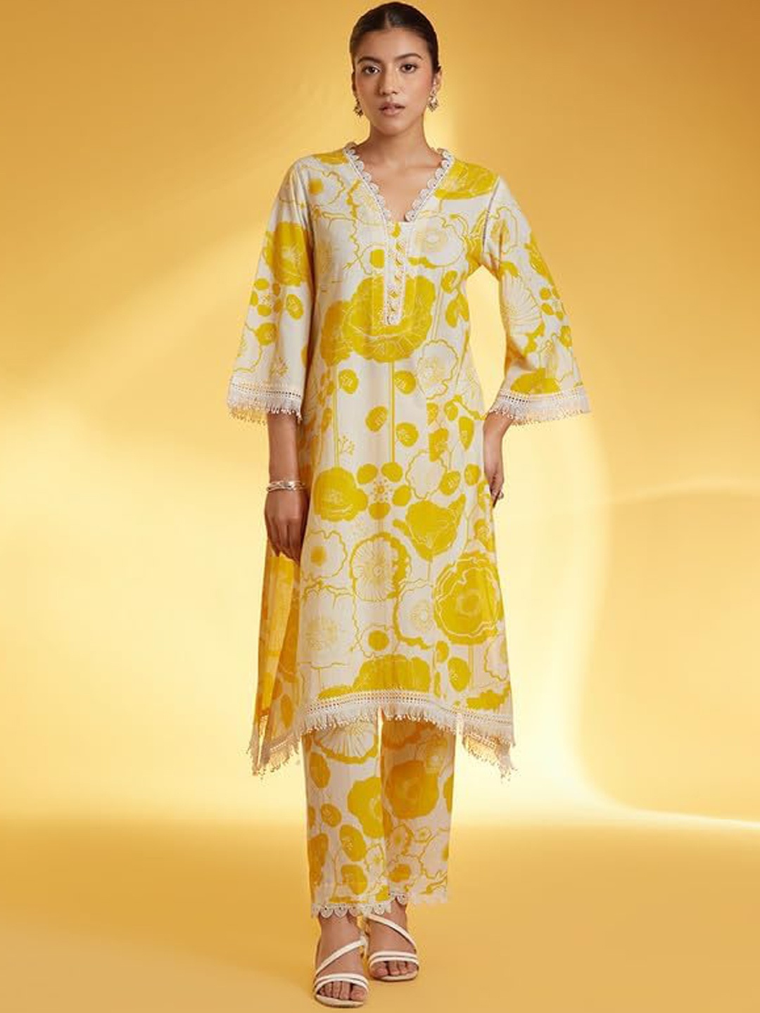 

Lookmark Floral Printed Flared Sleeves Lace Kurta With Trouser & Dupatta, Yellow