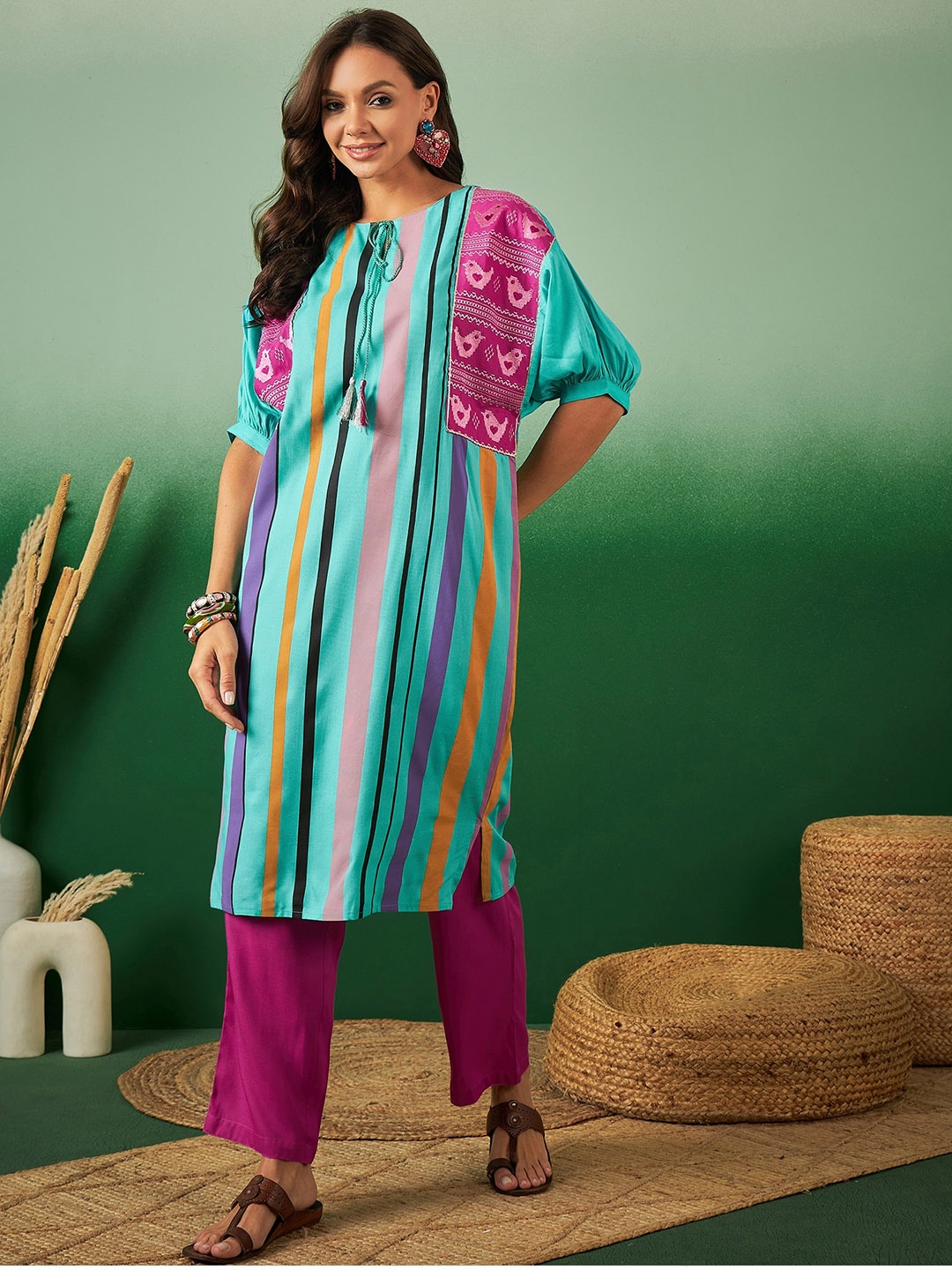

Sangria Striped Straight Kurta With Trouser Set, Blue