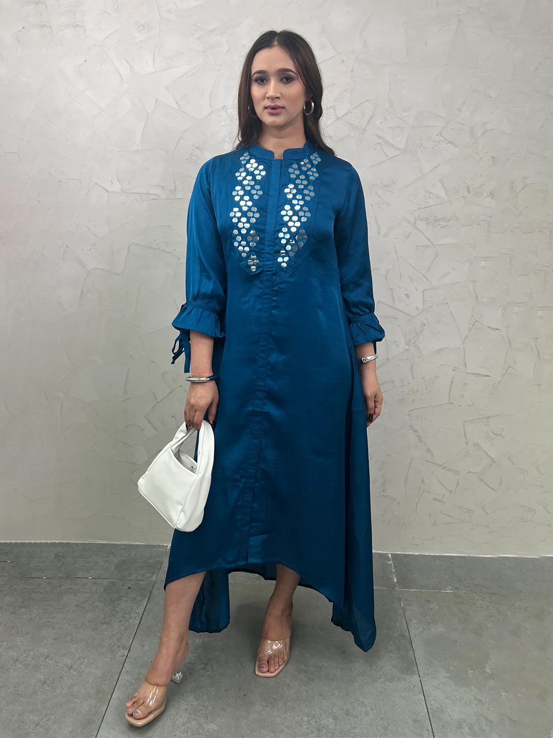 

NoLabels Mandarin Collar Bell Sleeve Embroidered A-Line Dress, Blue