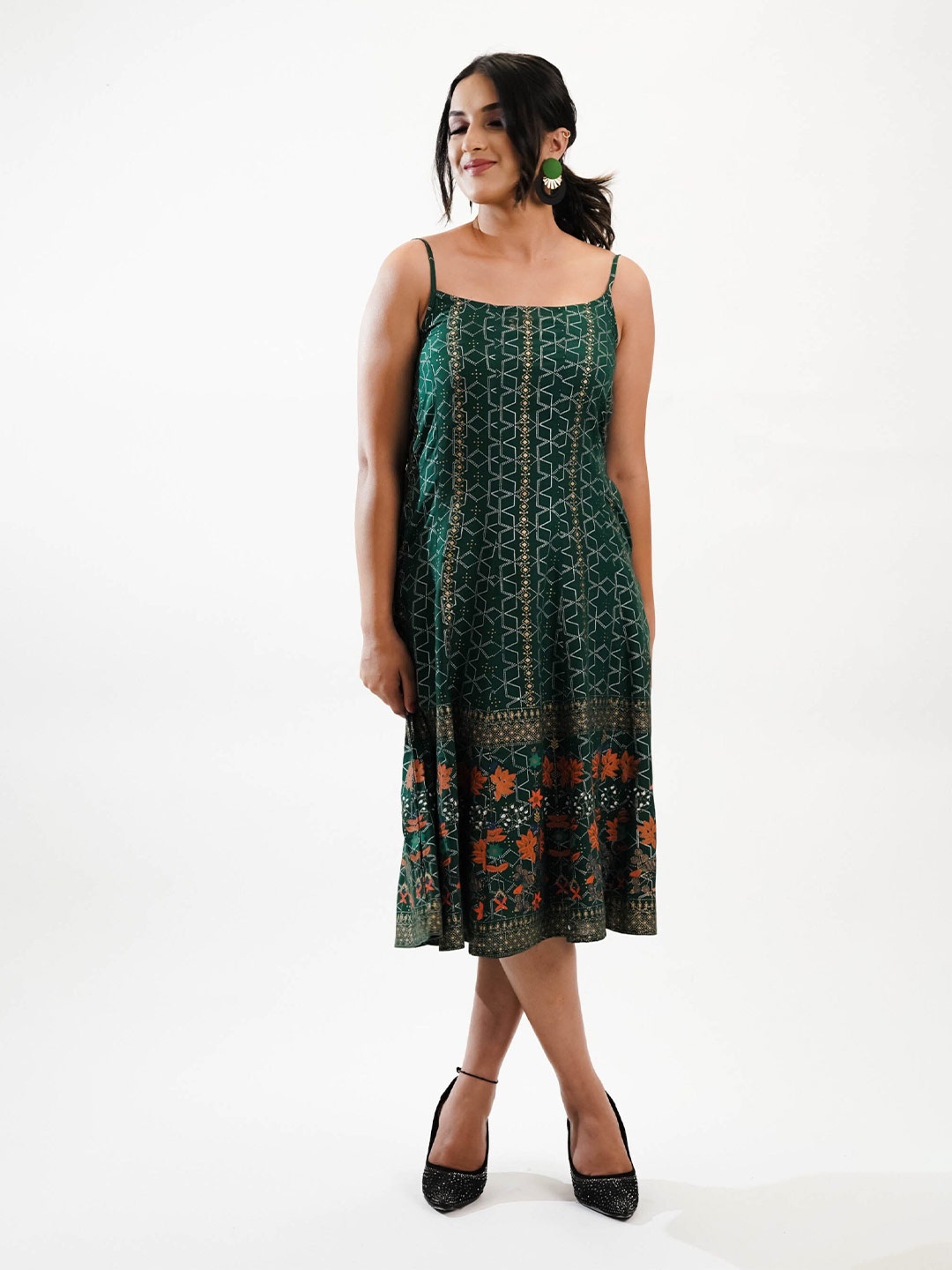 

NoLabels Geometric Printed Shoulder Straps A-Line Dress, Green