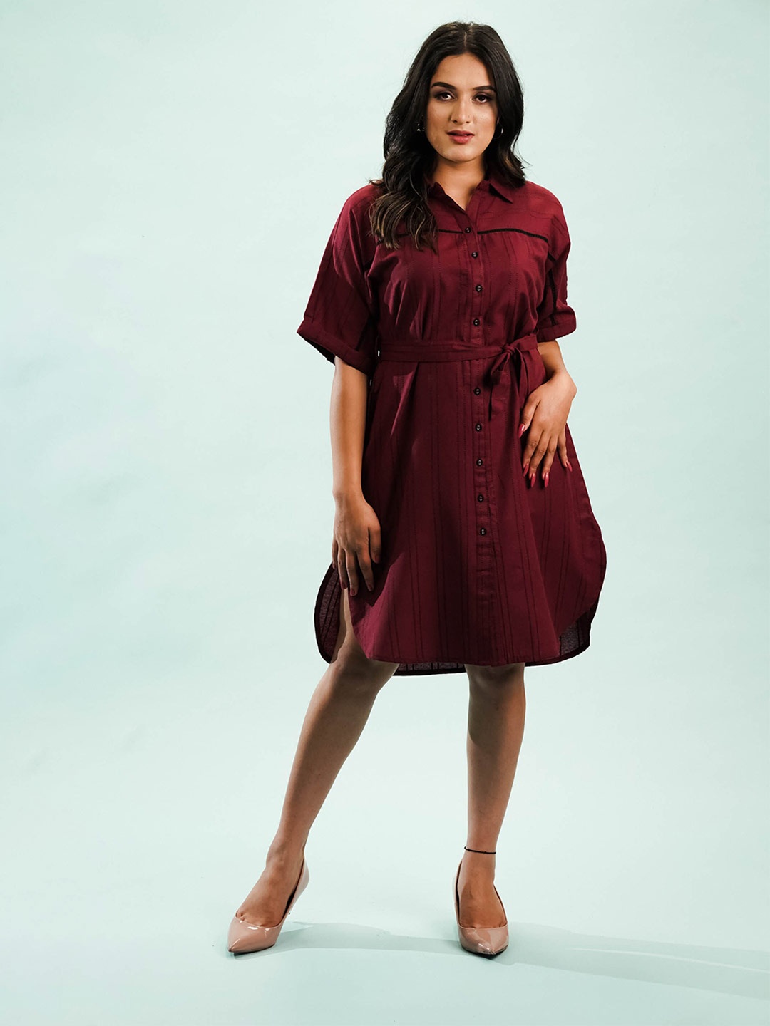 

NoLabels Shirt Collar Extended Sleeve Tie Up Shirt Dress With Belt, Maroon