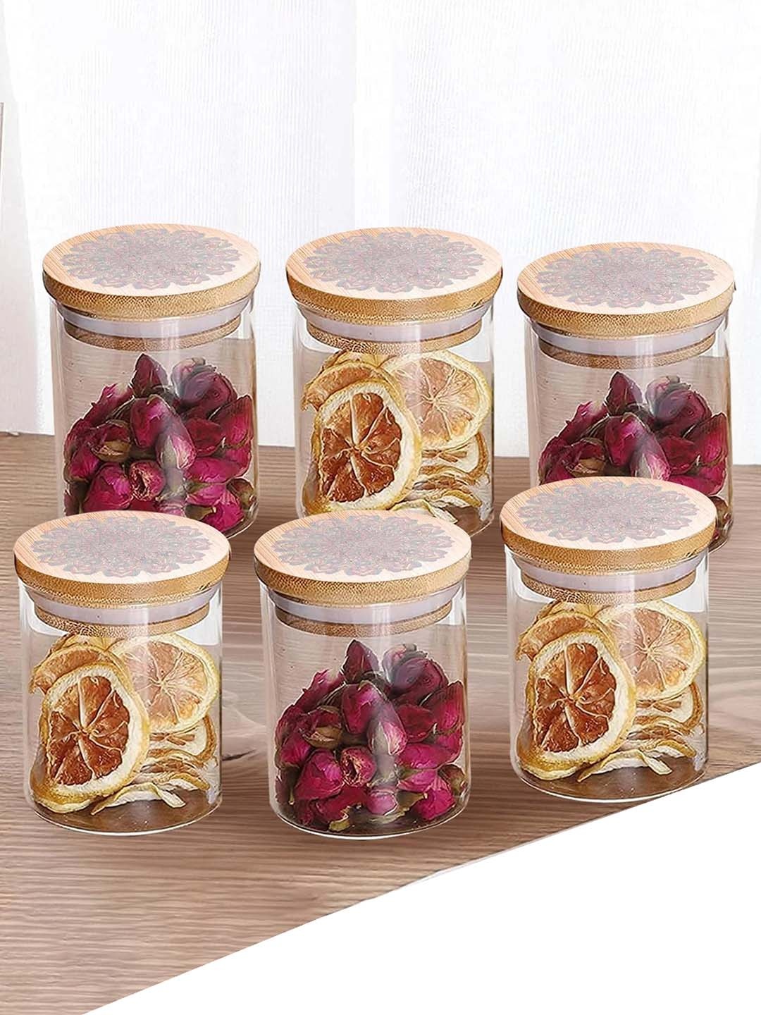 

Ekhasa Transparent & Brown 6 Pieces Glass Dishwasher Safe Food Containers 300ml Each