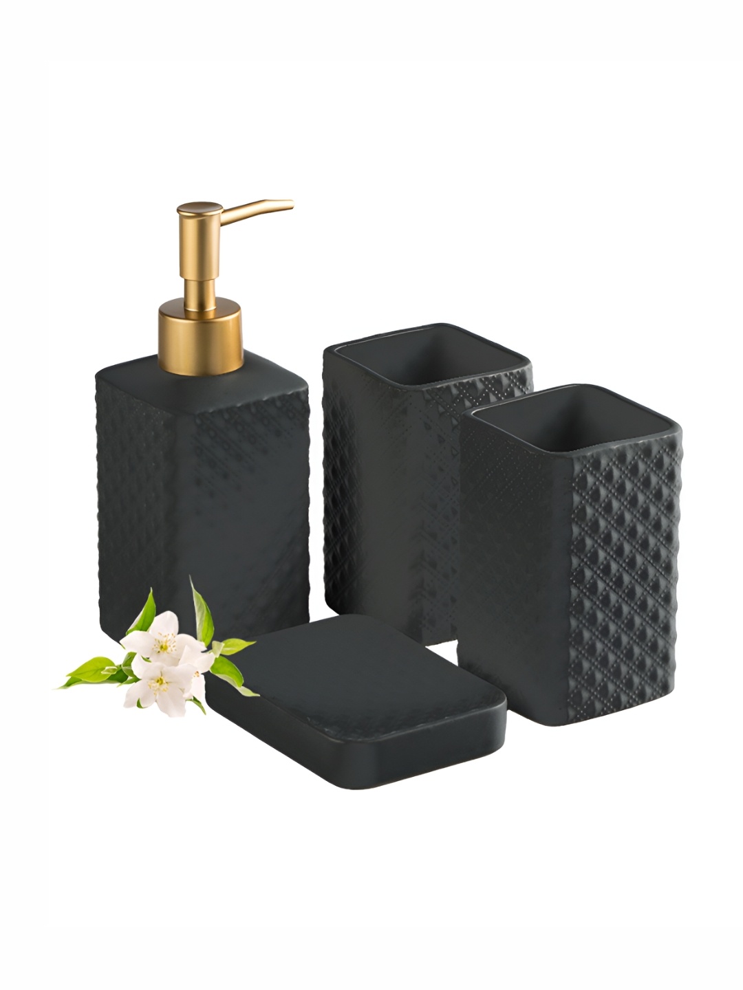 

Ekhasa Black & Gold-Toned 4 Piece Textured Ceramic Bath Accessories Set