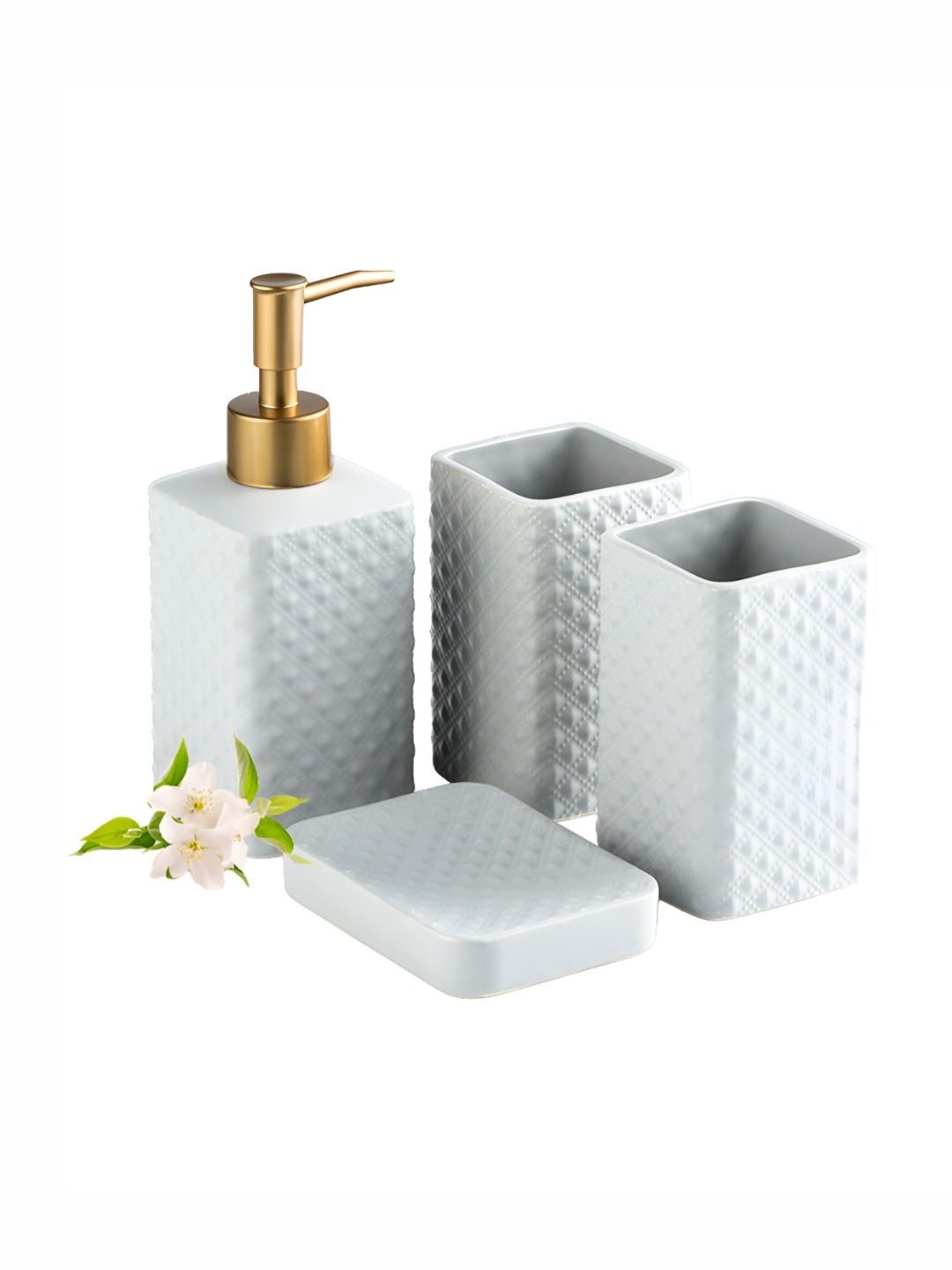 

Ekhasa White & Gold Toned 4 piece Textured Ceramic Bath Accessories Set