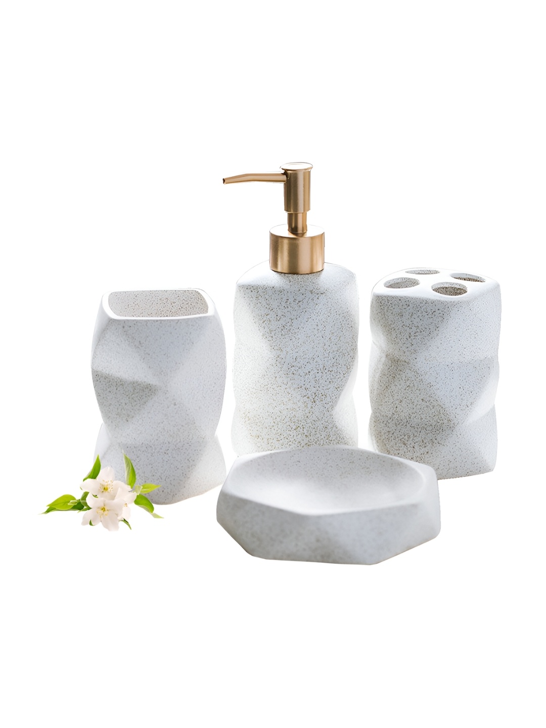 

Ekhasa White & Gold-Toned 4 Piece Textured Ceramic Bath Accessories Set