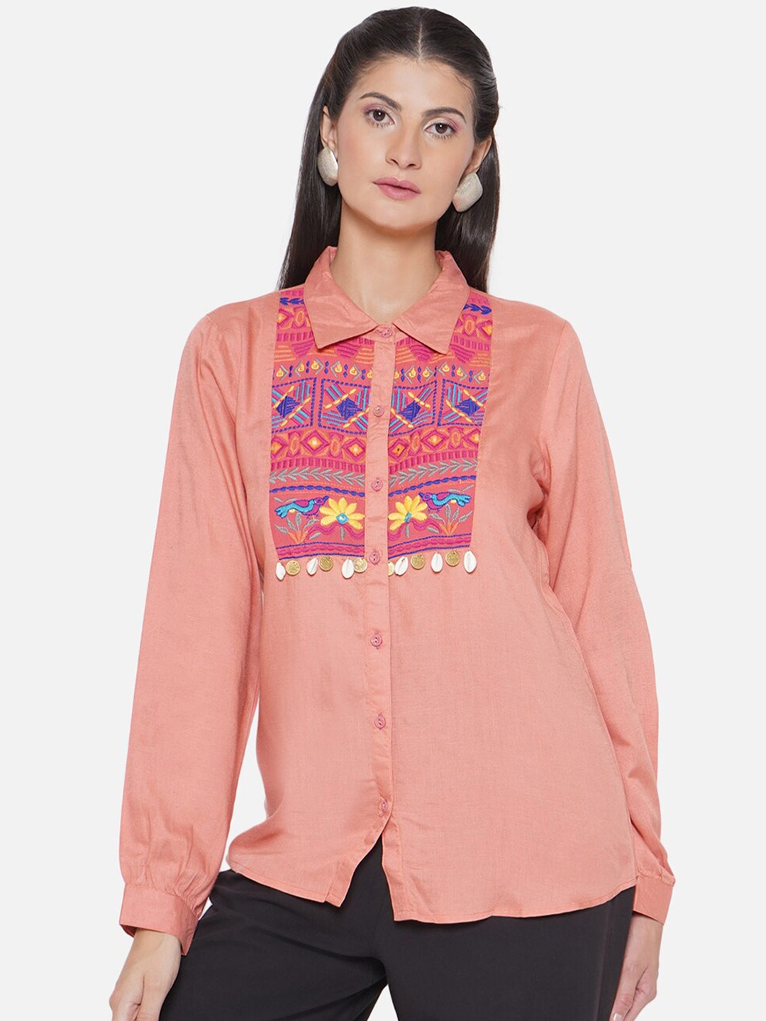

KALINI Geometric Embroidered Comfort Casual Shirt, Coral
