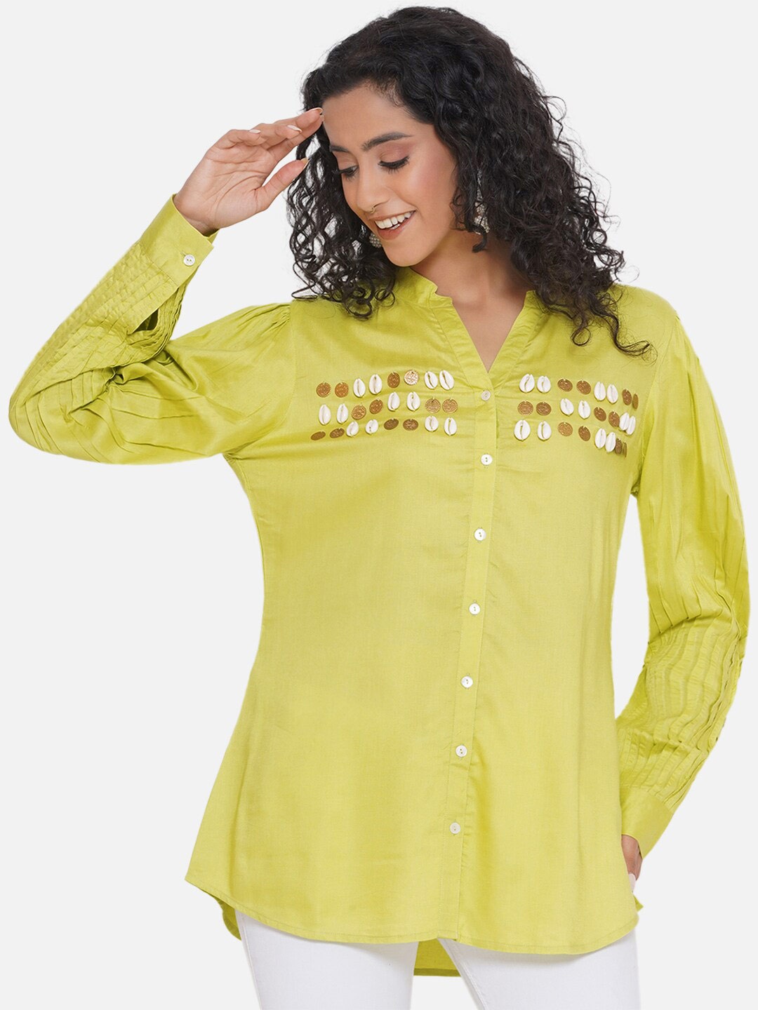 

KALINI Smart Tailored Fit Embellished Casual Shirt, Lime green