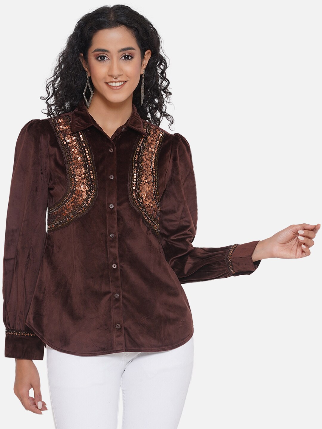 

KALINI Smart Tailored Fit Embellished Party Shirt, Brown