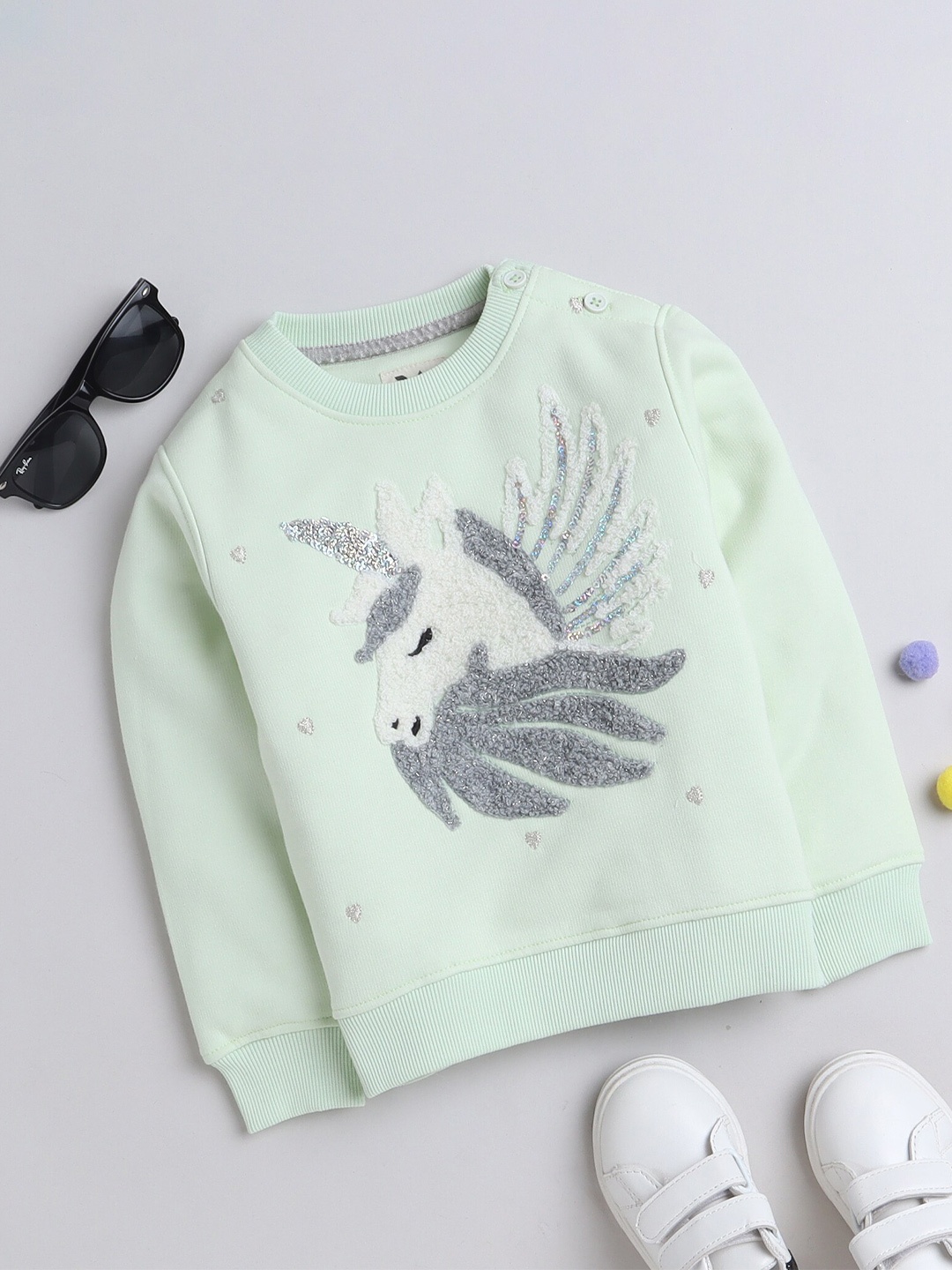 

Yellow Apple Girls Graphic Embroidered Woollen Pullover Sweatshirt, Green