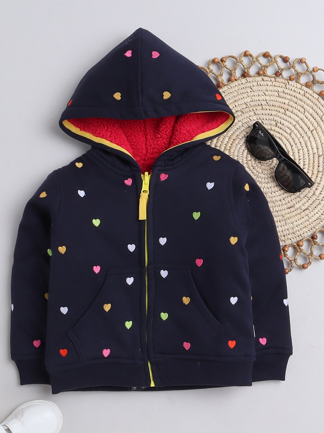 

Yellow Apple Girls Conversational Printed Hooded Woollen Front-Open Sweatshirt, Navy blue