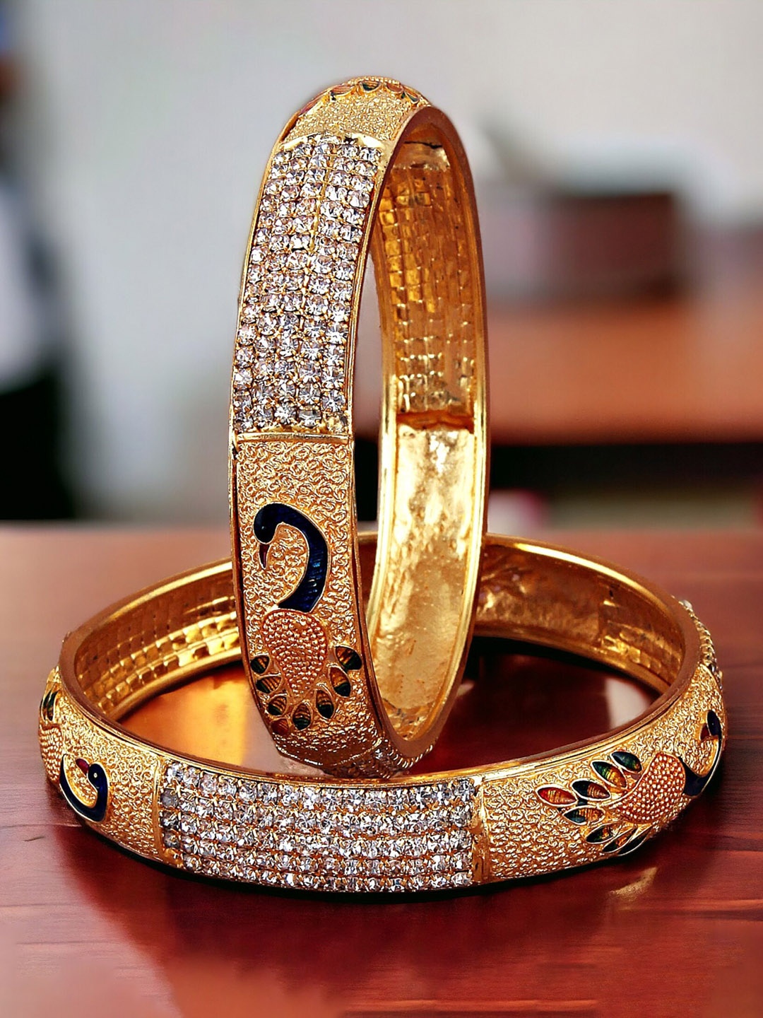 

LUCKY JEWELLERY Set Of 2 Gold-Plated Cubic Zirconia-Studded Bangles