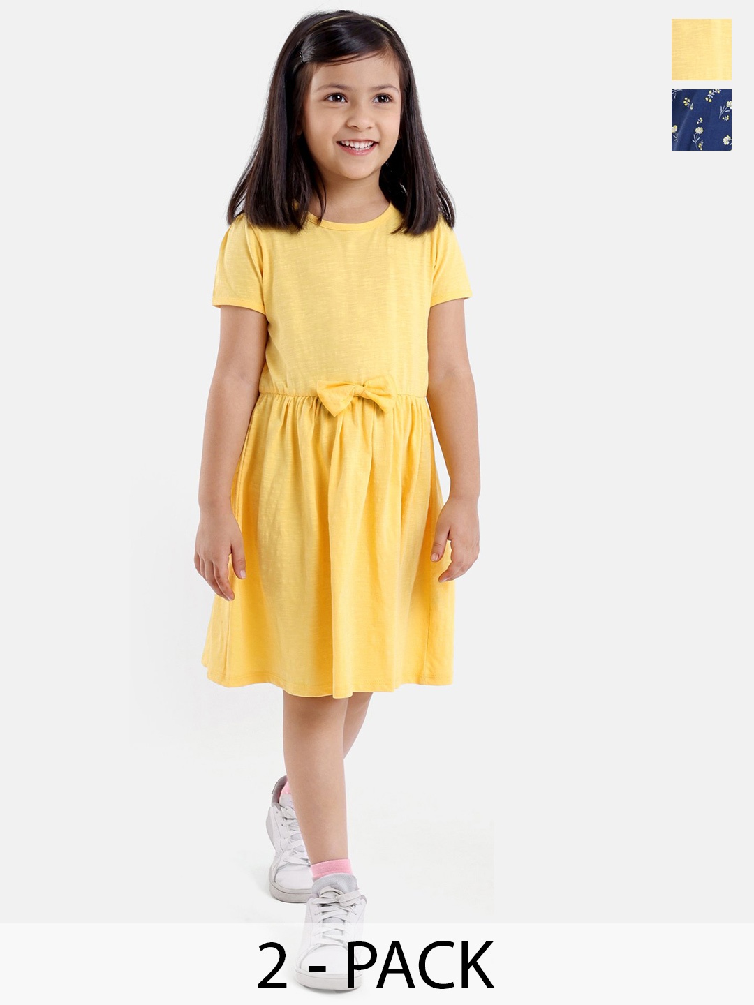 

Honeyhap Girls Pack Of 2 Gathered Detailed Pure Cotton Fit & Flare Dresses, Yellow