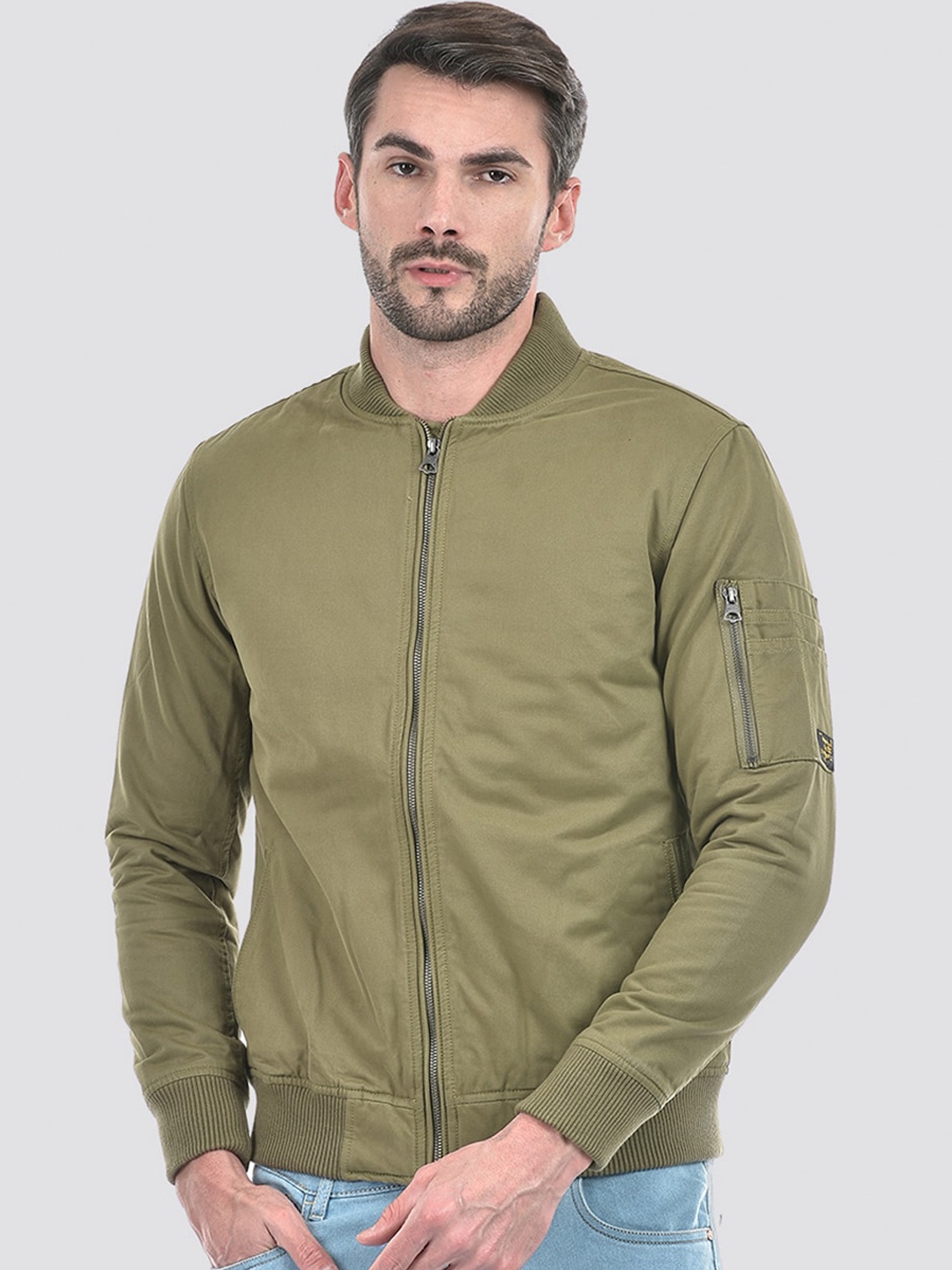 

Numero Uno Stand Collar Pure Cotton Bomber Jacket, Green