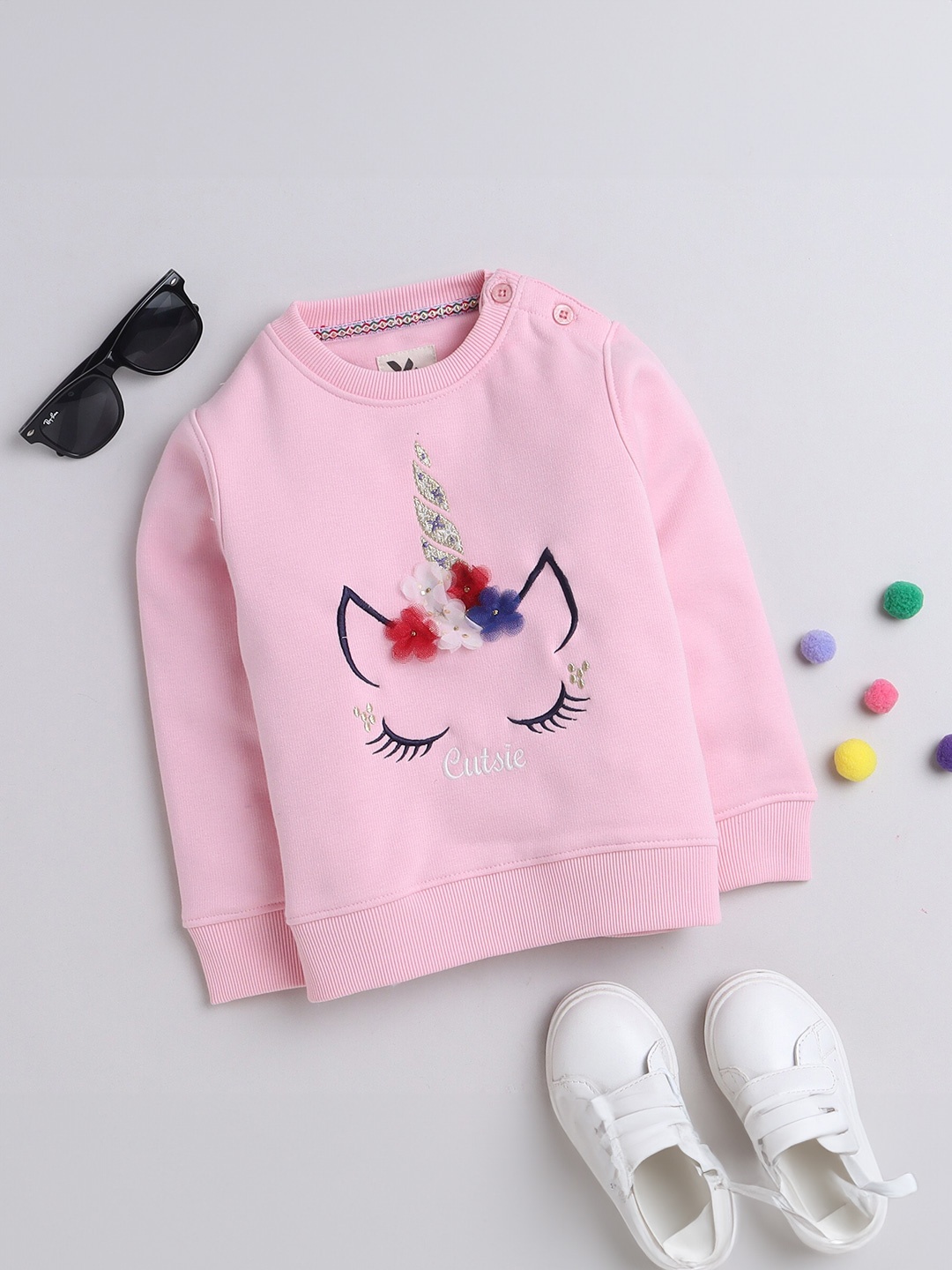 

Yellow Apple Girls Graphic Printed Woollen Pullover Sweatshirt, Pink