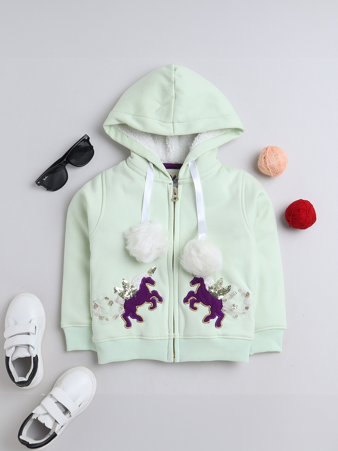 

Yellow Apple Girls Graphic Printed Hooded Woollen Front-Open Sweatshirt, Green