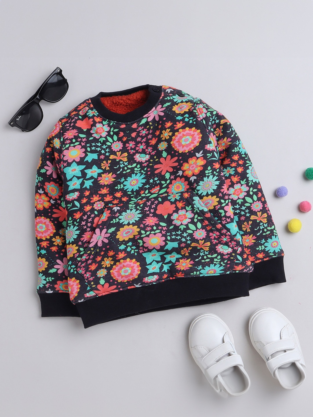 

Yellow Apple Girls Floral Printed Woollen Pullover Sweatshirt, Black